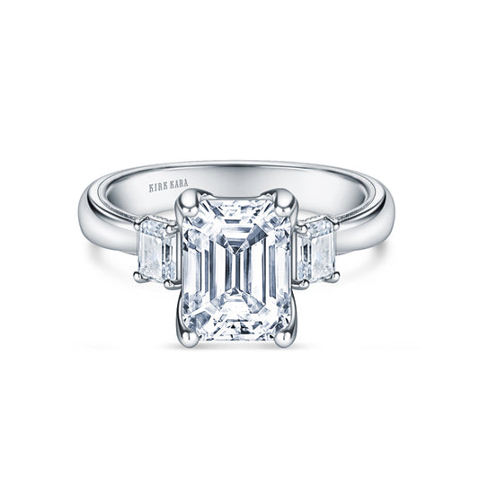 Wide Three Stone Emerald Side Stone Diamond Engagement Ring