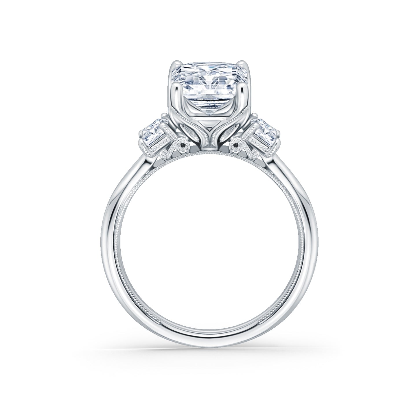 Wide Three Stone Emerald Side Stone Diamond Engagement Ring