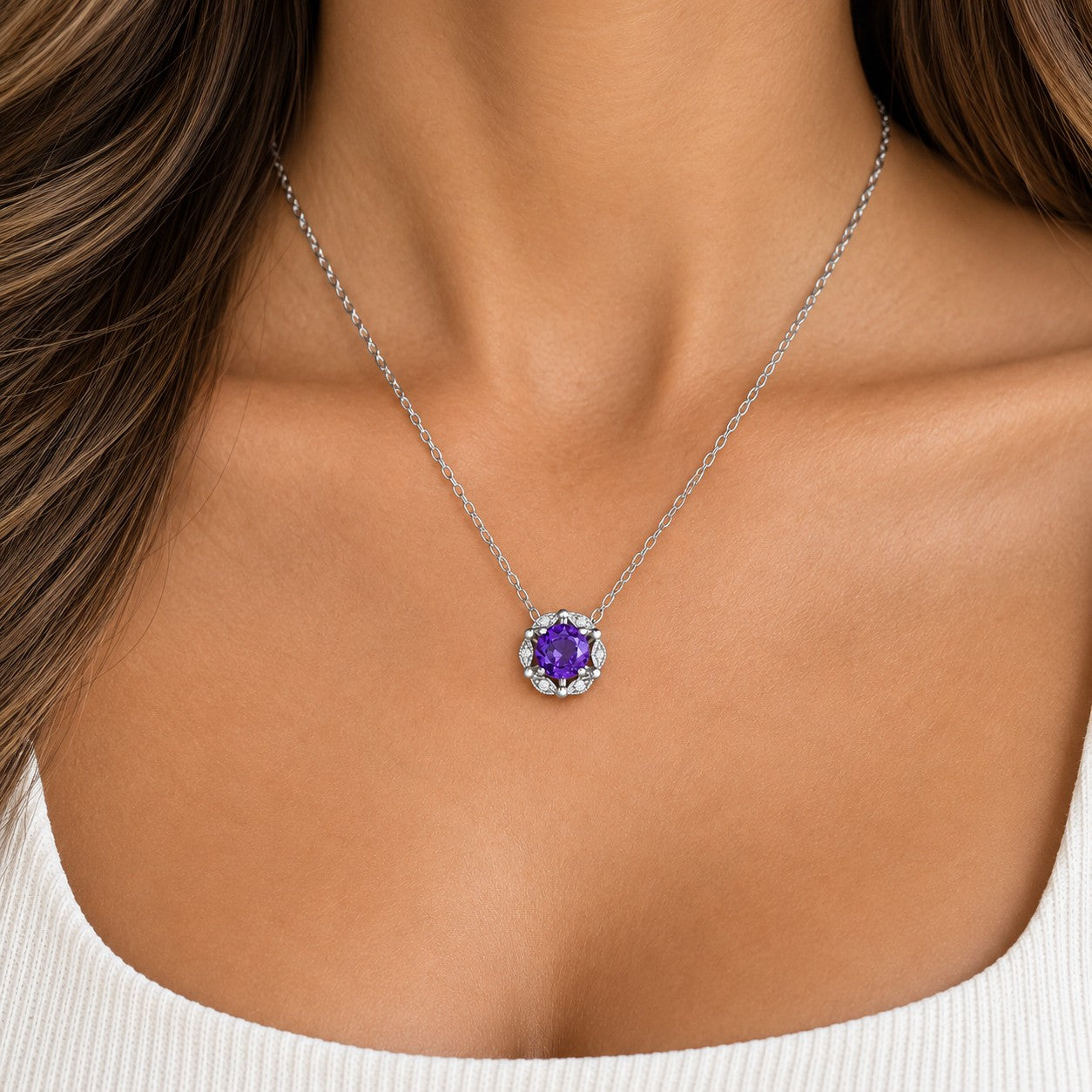 Delicate Floral Amethyst Lab Grown Diamond Necklace