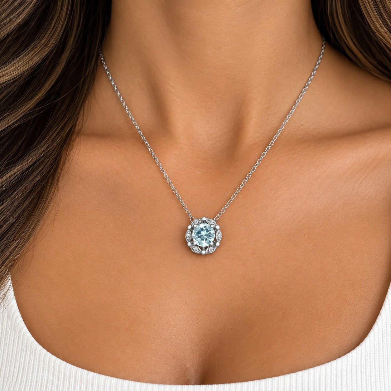 Delicate Floral Aquamarine Lab Grown Diamond Necklace