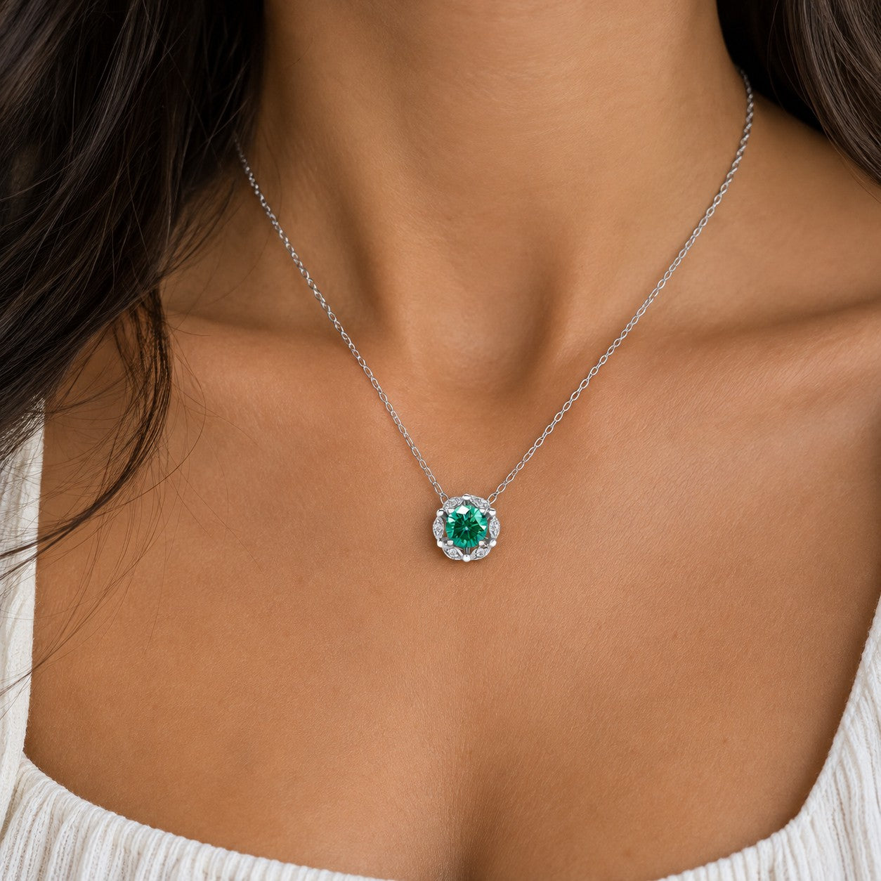 Delicate Floral Green Moissanite Lab Grown Diamond Necklace
