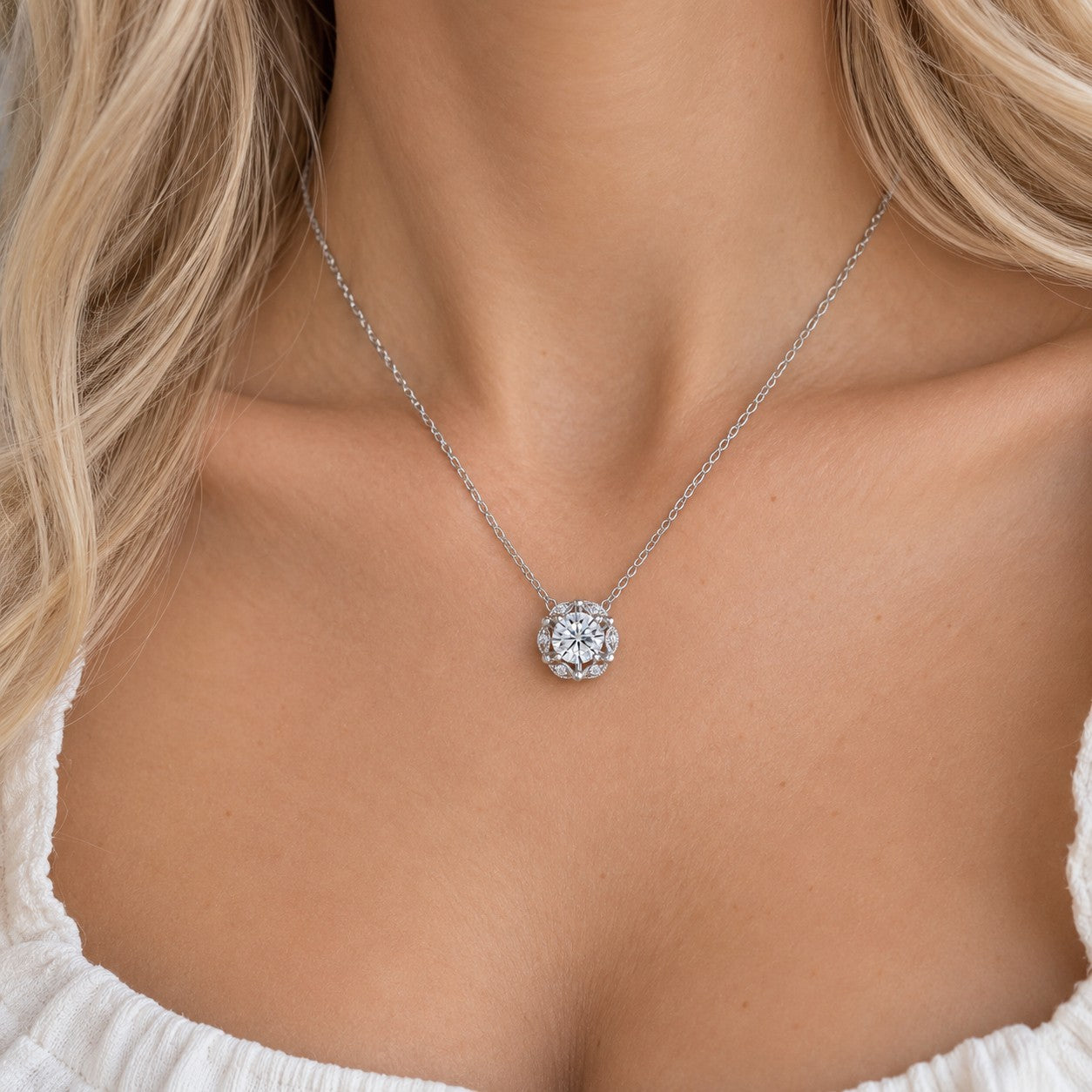 Delicate Floral White Moissanite Lab Grown Diamond Necklace