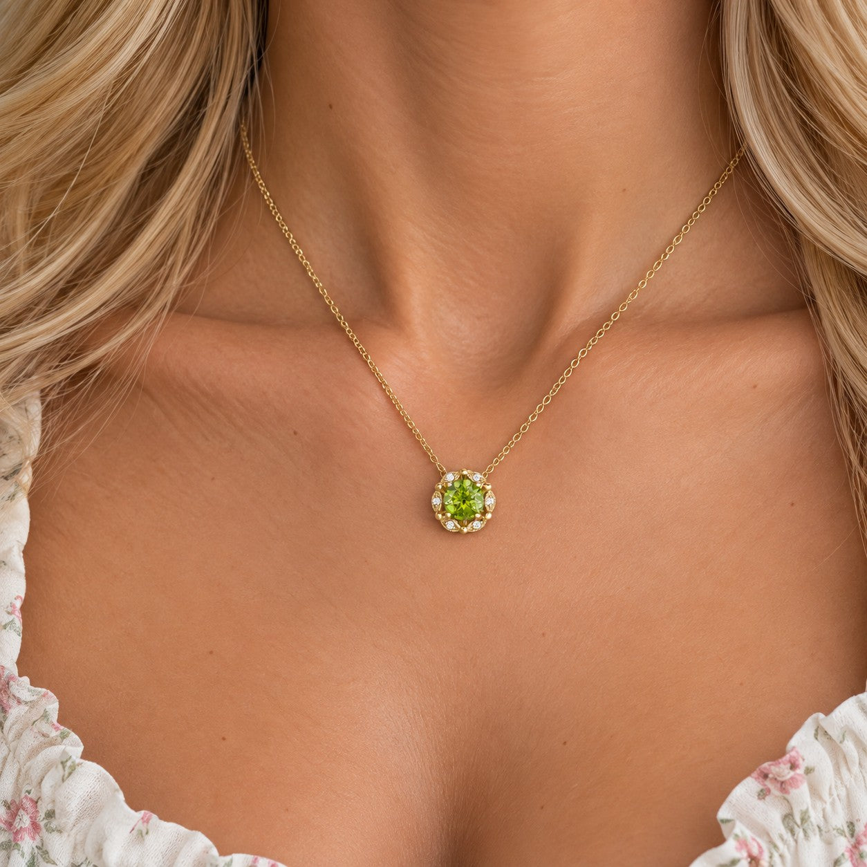 Delicate Floral Peridot Lab Grown Diamond Necklace