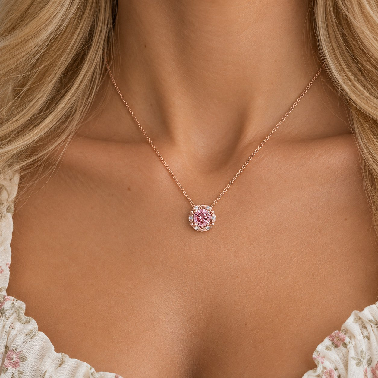 Delicate Floral Pink Moissanite Lab Grown Diamond Necklace