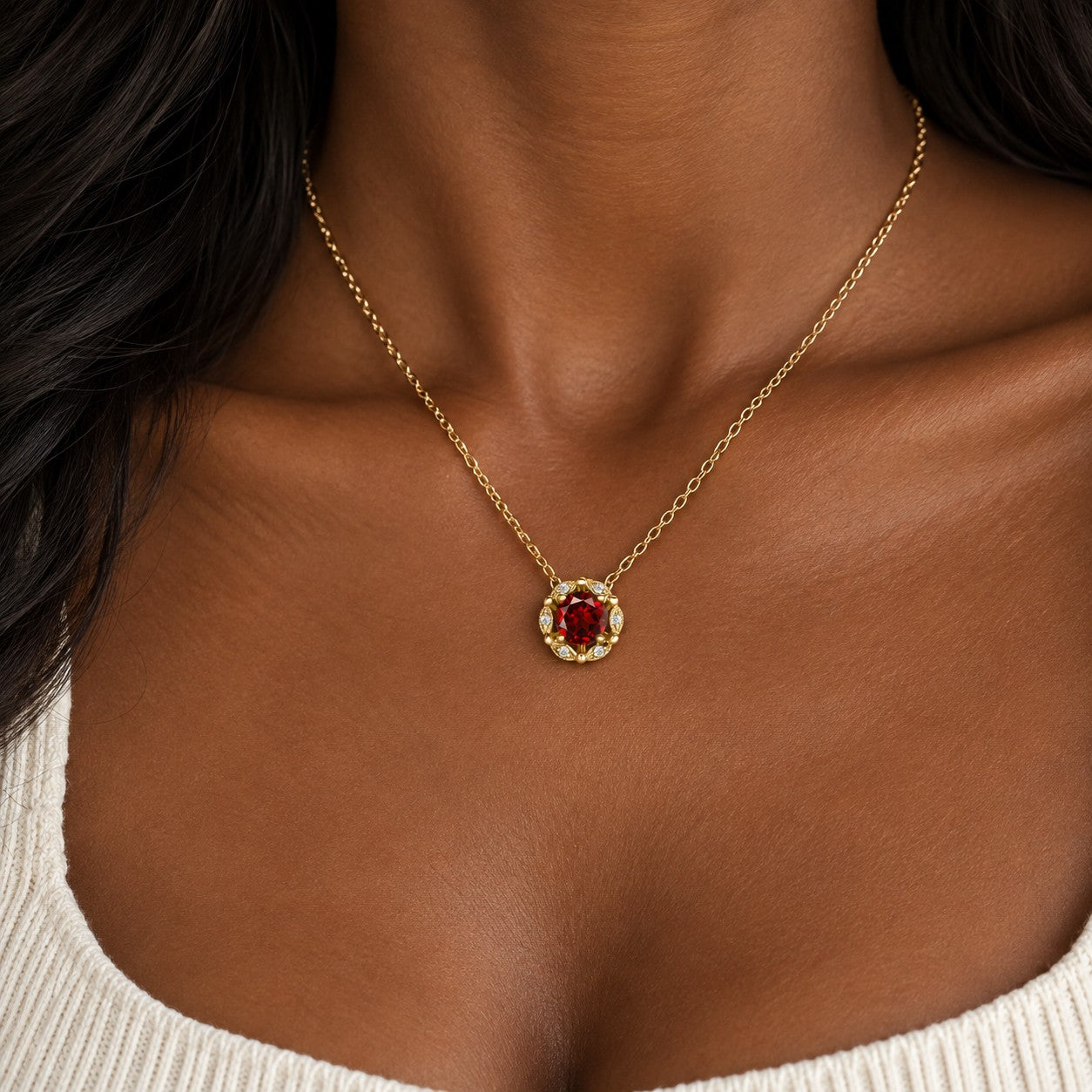 Delicate Floral Red Garnet Lab Grown Diamond Necklace