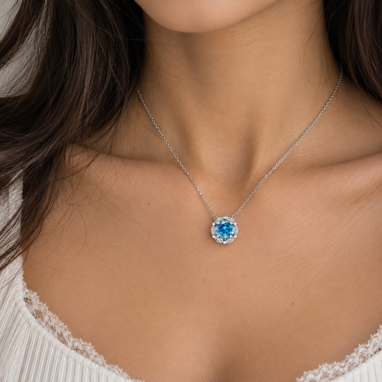 Delicate Floral Swiss Blue Topaz Lab Grown Diamond Necklace