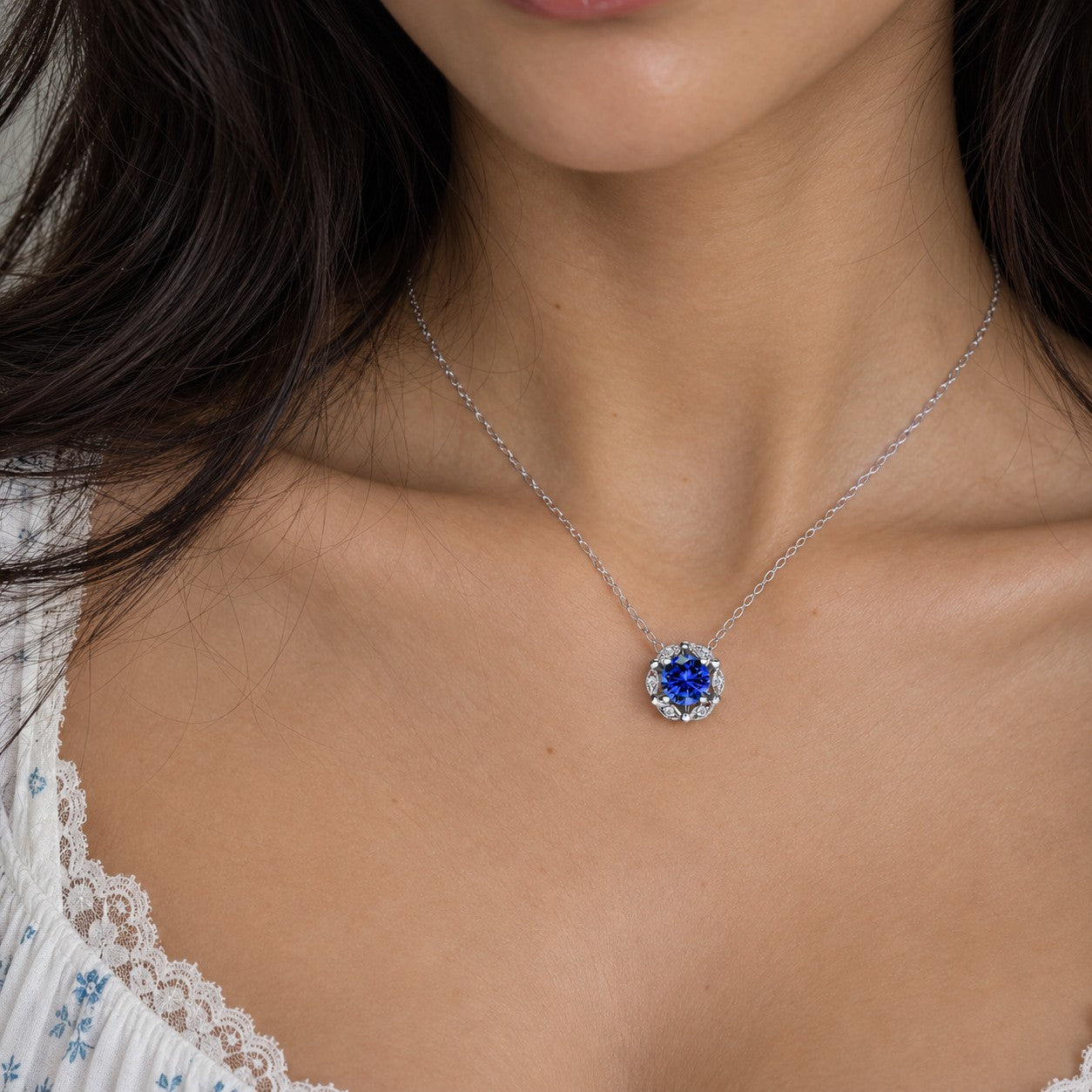 Delicate Floral Blue Sapphire Lab Grown Diamond Necklace