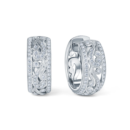 Swirl Milgrain Wide Domed Diamond Hoop Earrings