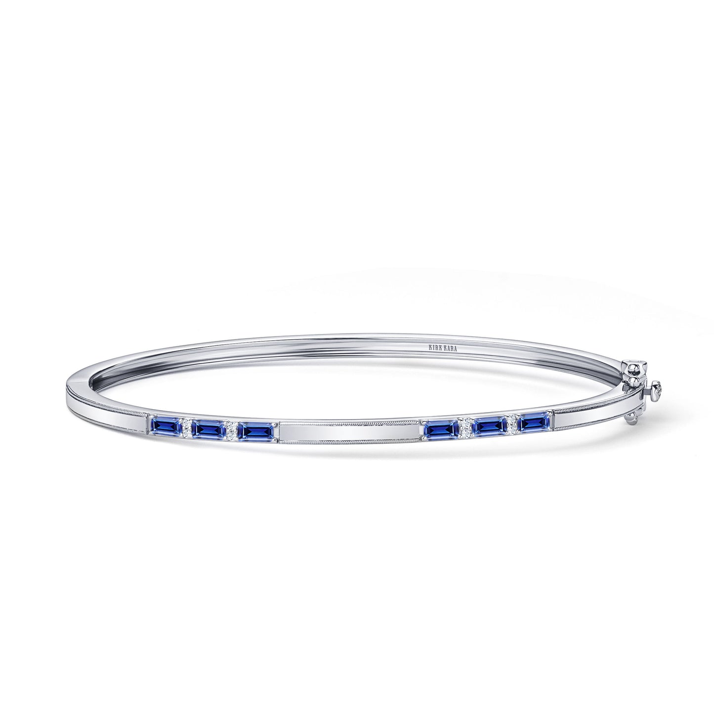 Blue Sapphire Baguette Diamond Milgrain Bangle Bracelet