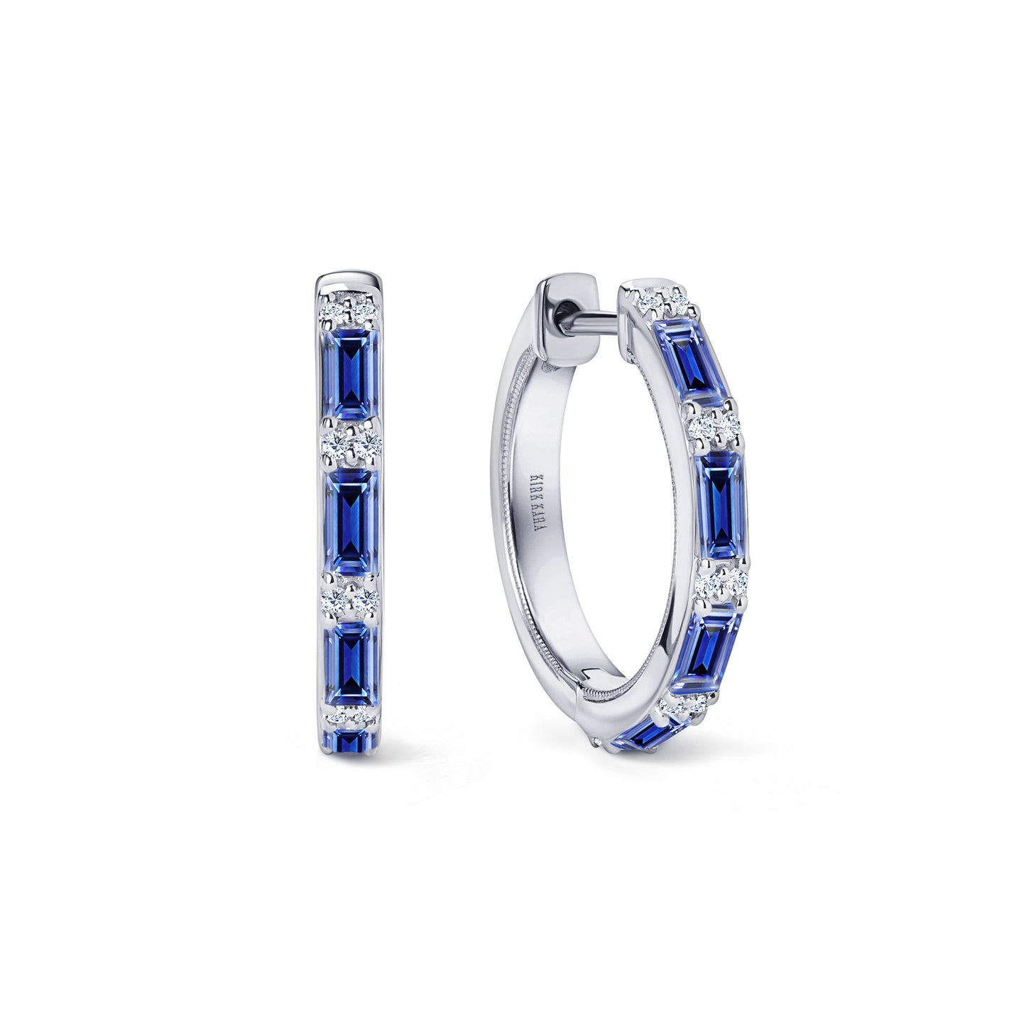 Blue Sapphire Baguette Diamond Milgrain Hoop Earrings