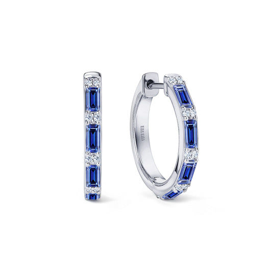 Blue Sapphire Baguette Diamond Milgrain Hoop Earrings