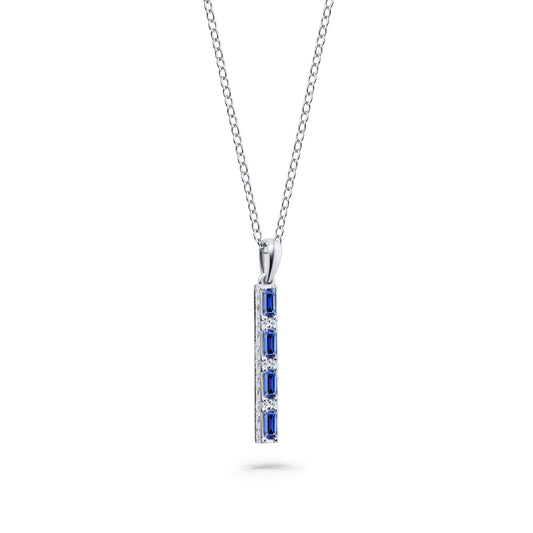 Blue Sapphire Baguette Milgrain Engraved Necklace
