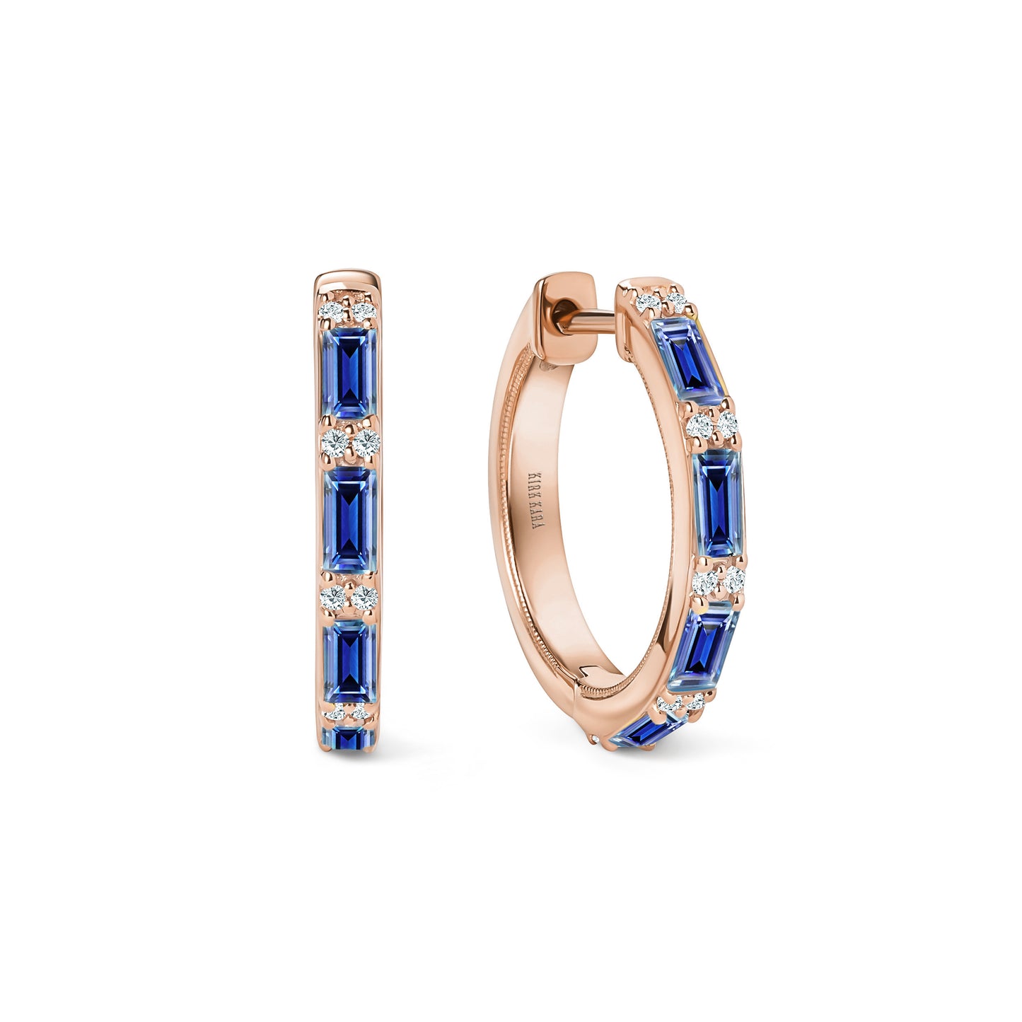 Blue Sapphire Baguette Diamond Milgrain Hoop Earrings