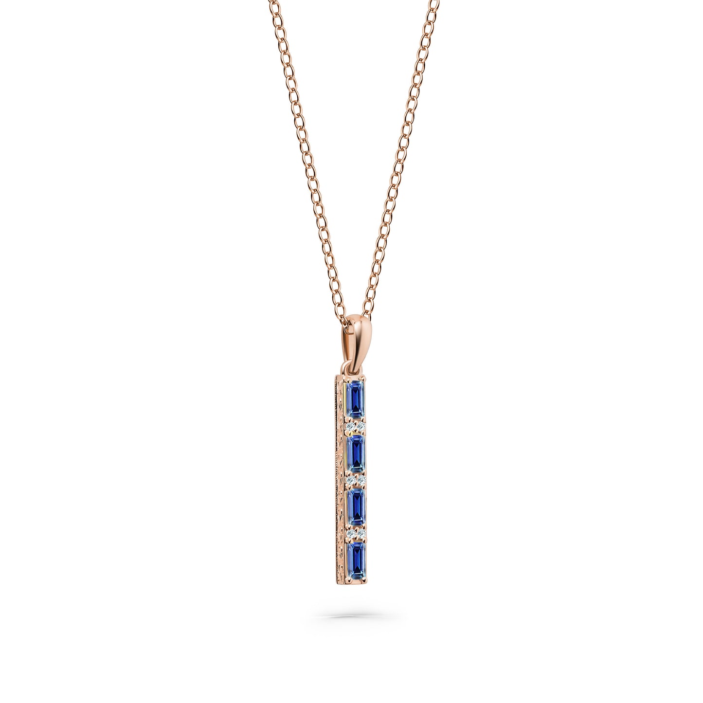 Blue Sapphire Baguette Milgrain Engraved Necklace