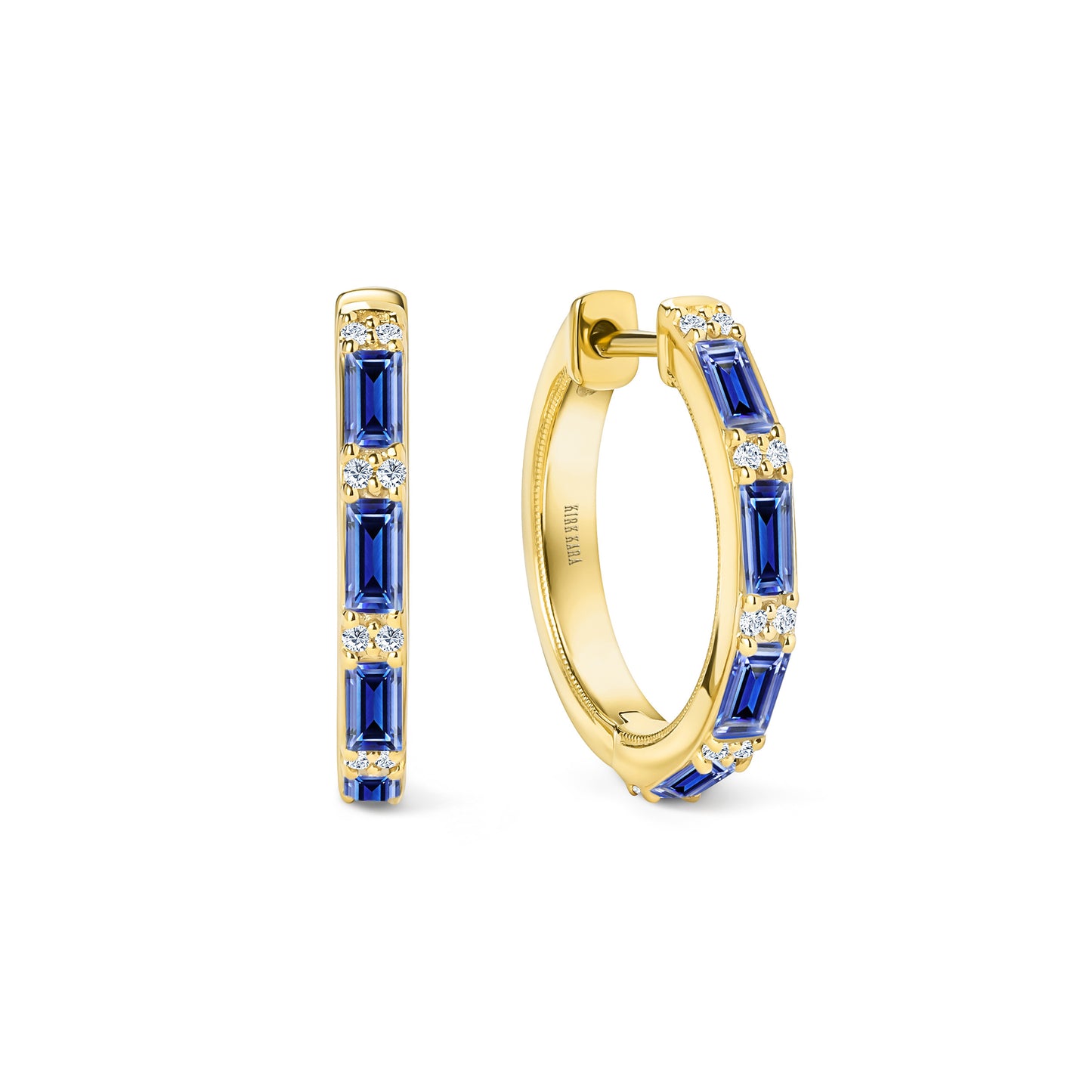 Blue Sapphire Baguette Diamond Milgrain Hoop Earrings