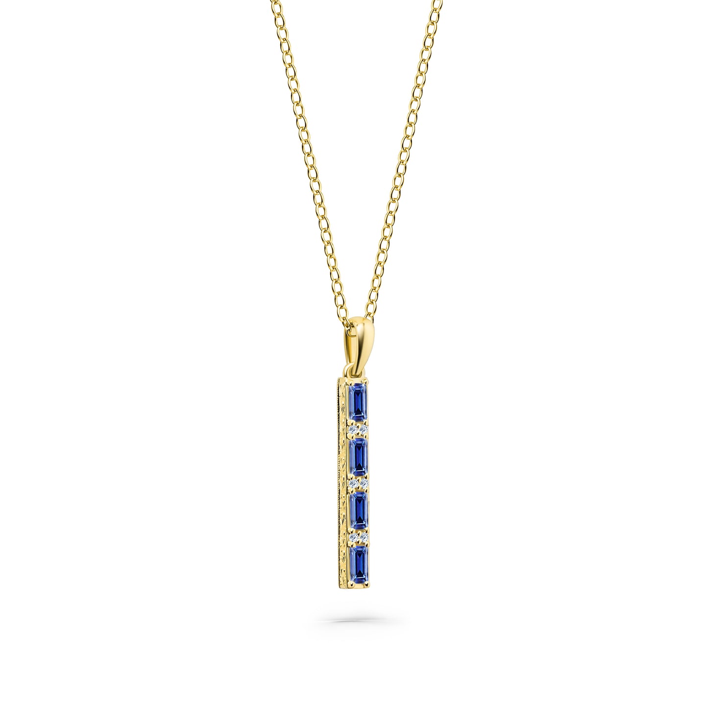Blue Sapphire Baguette Milgrain Engraved Necklace