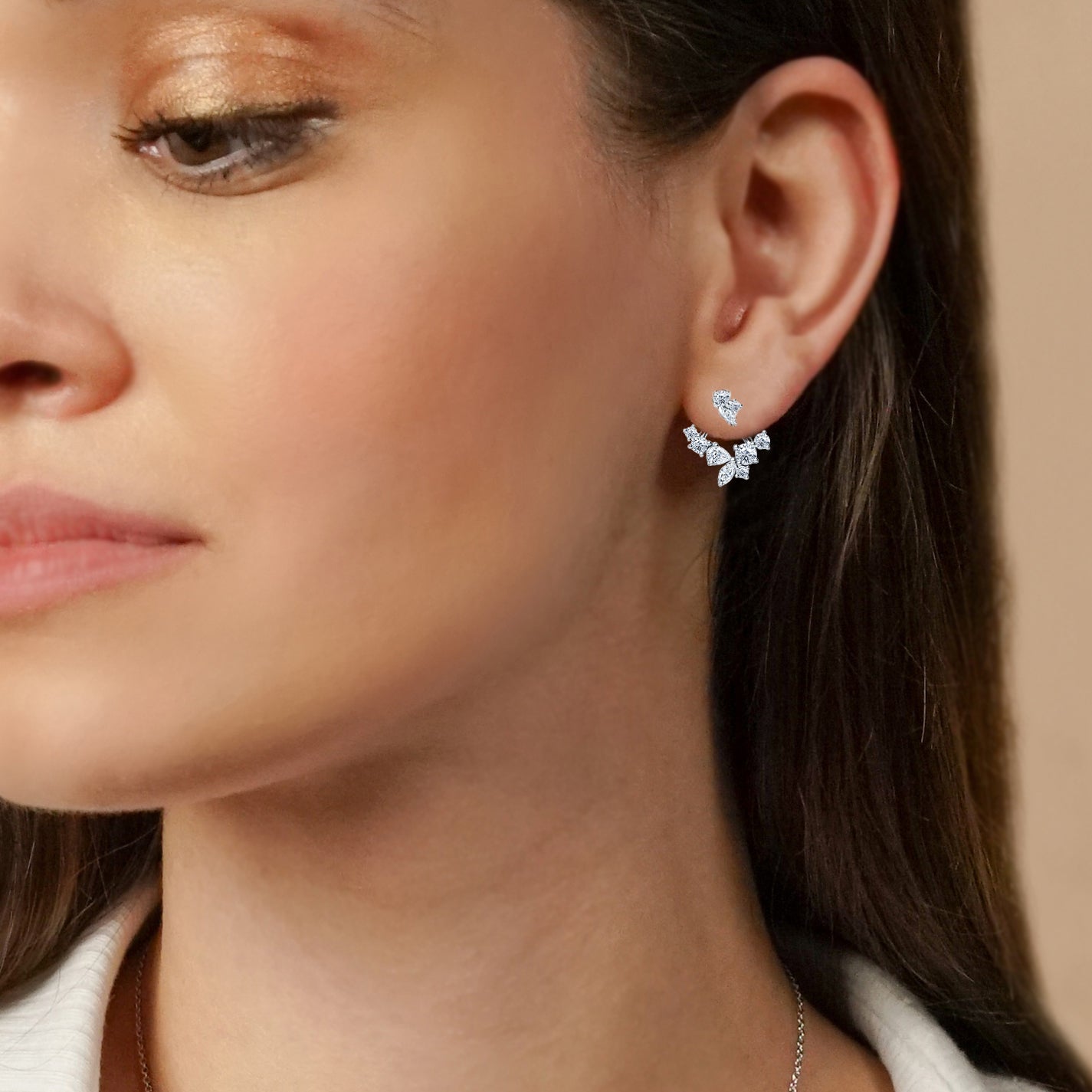 Elegant Marquise Round Diamond Cluster Earring Jacket Studs