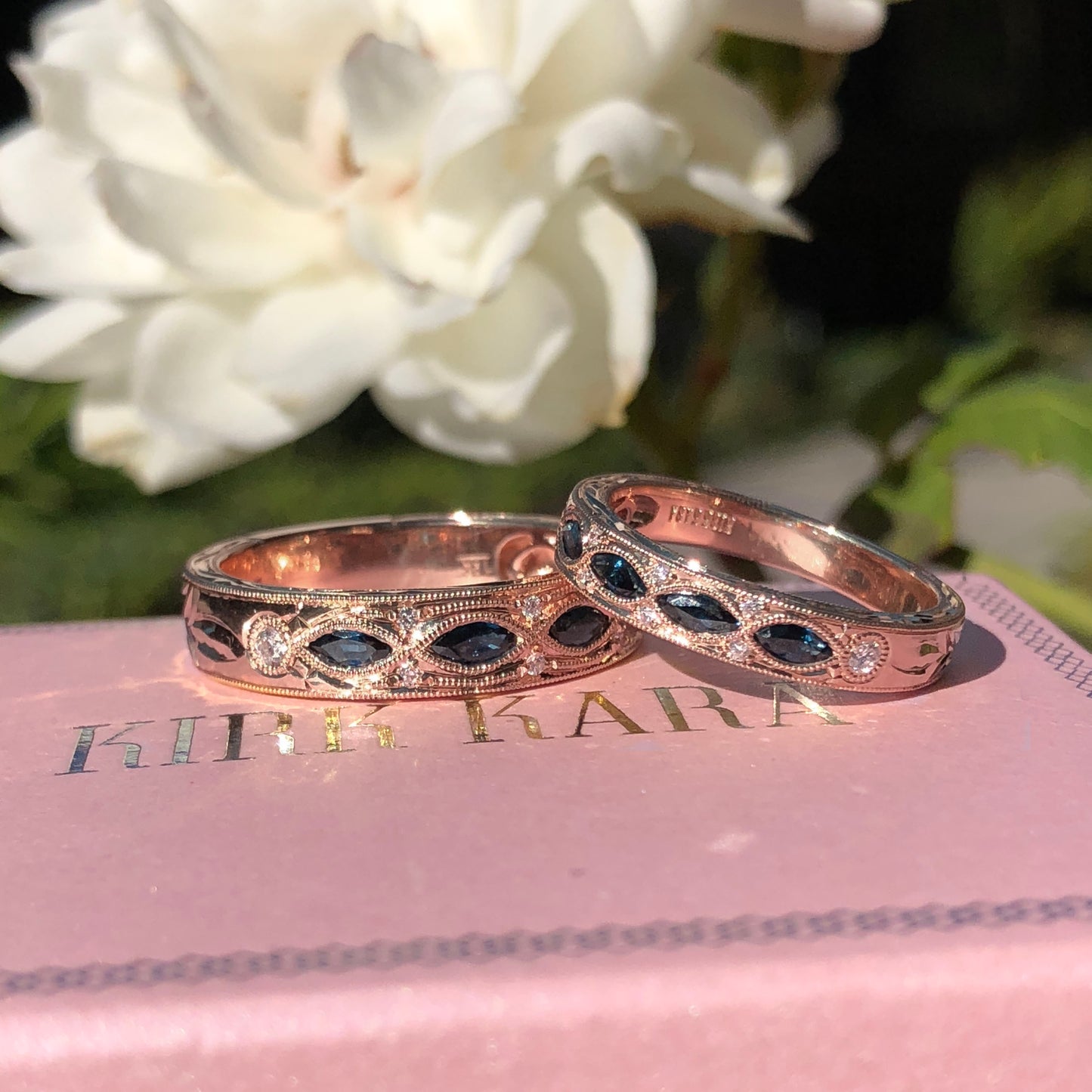 14K Rose Engraved Sapphire Floral Diamond Wedding Band