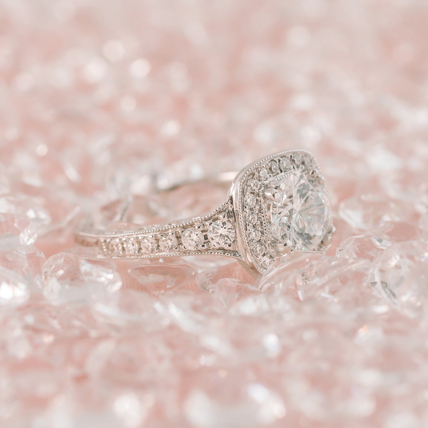 Engraved Filigree Halo Diamond Engagement Ring