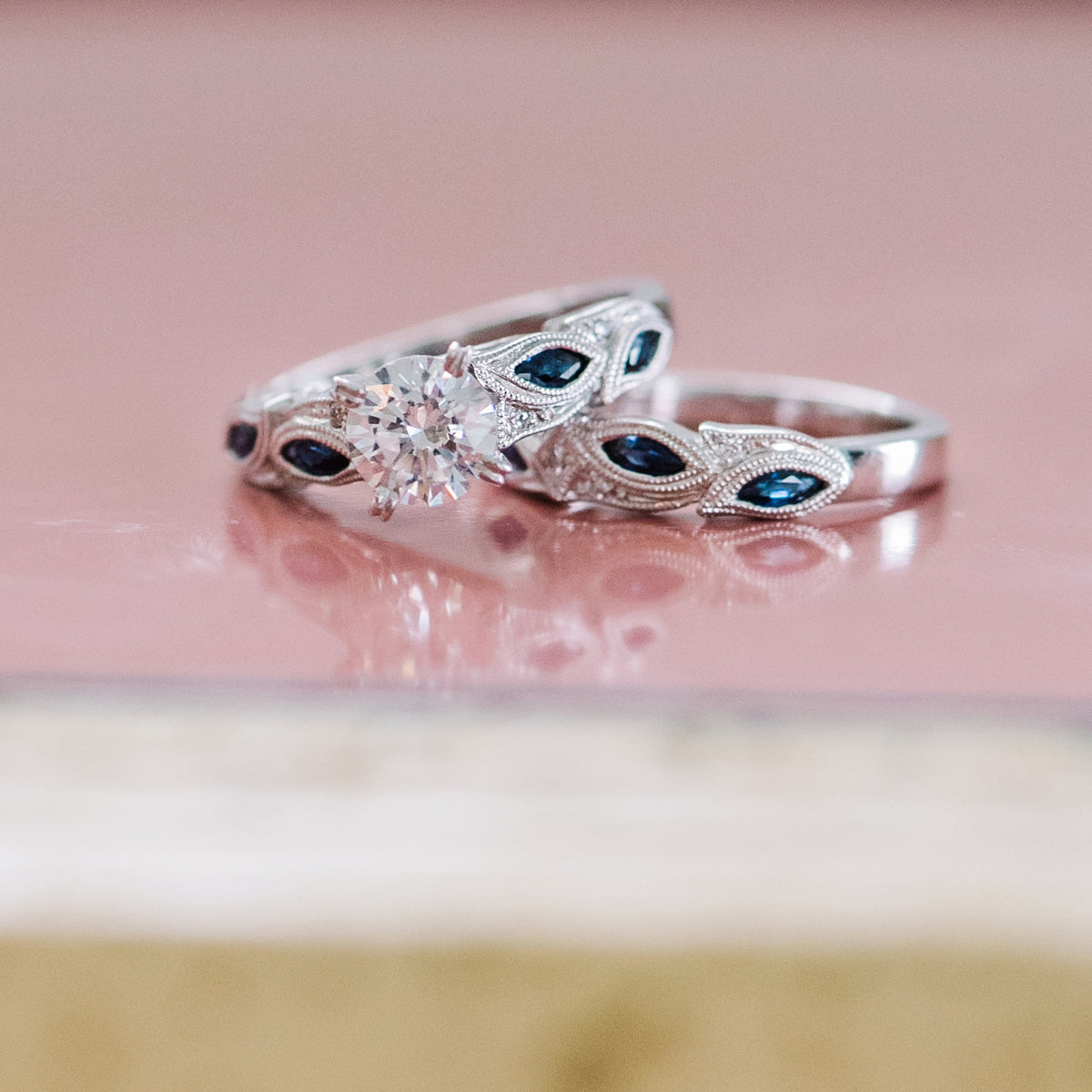 Blue Sapphire Marquise Accent Engagement Ring