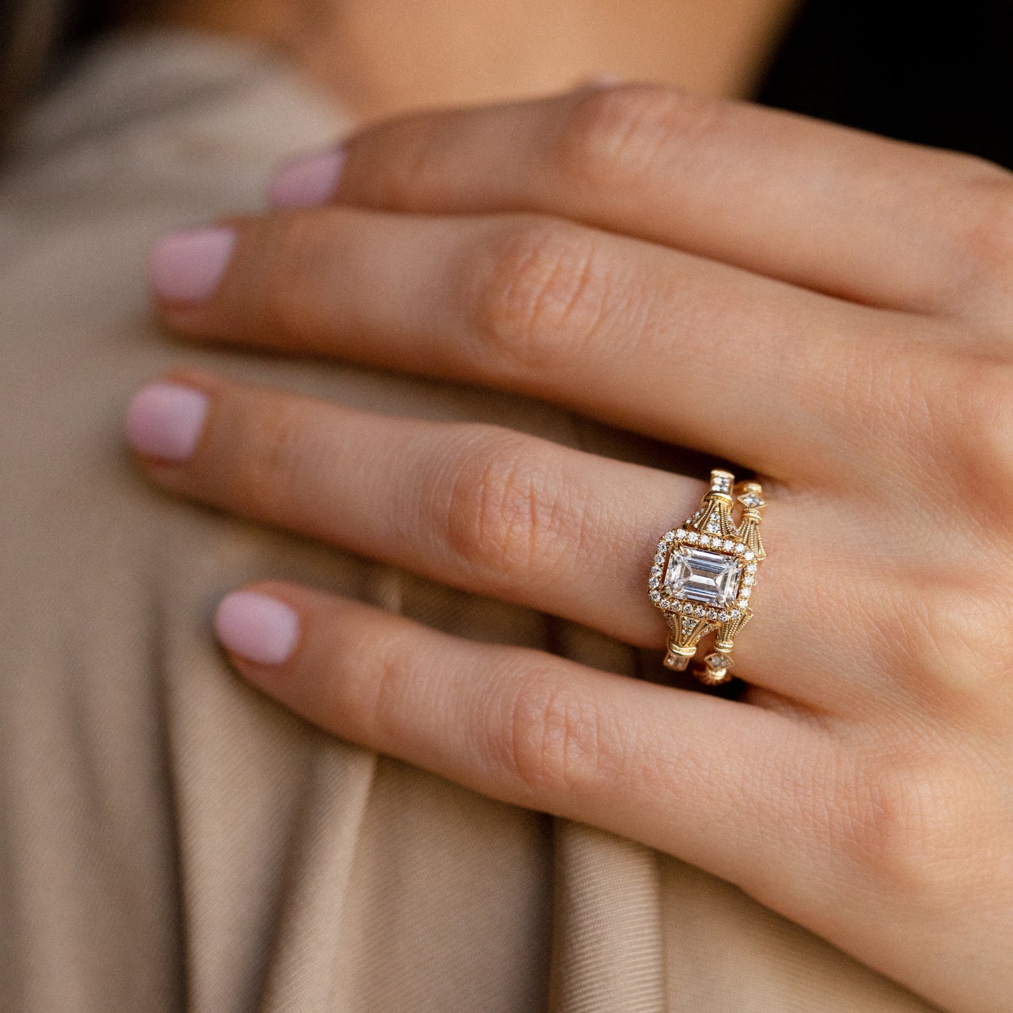 Three Leaf Halo Diamond Engagement Ring