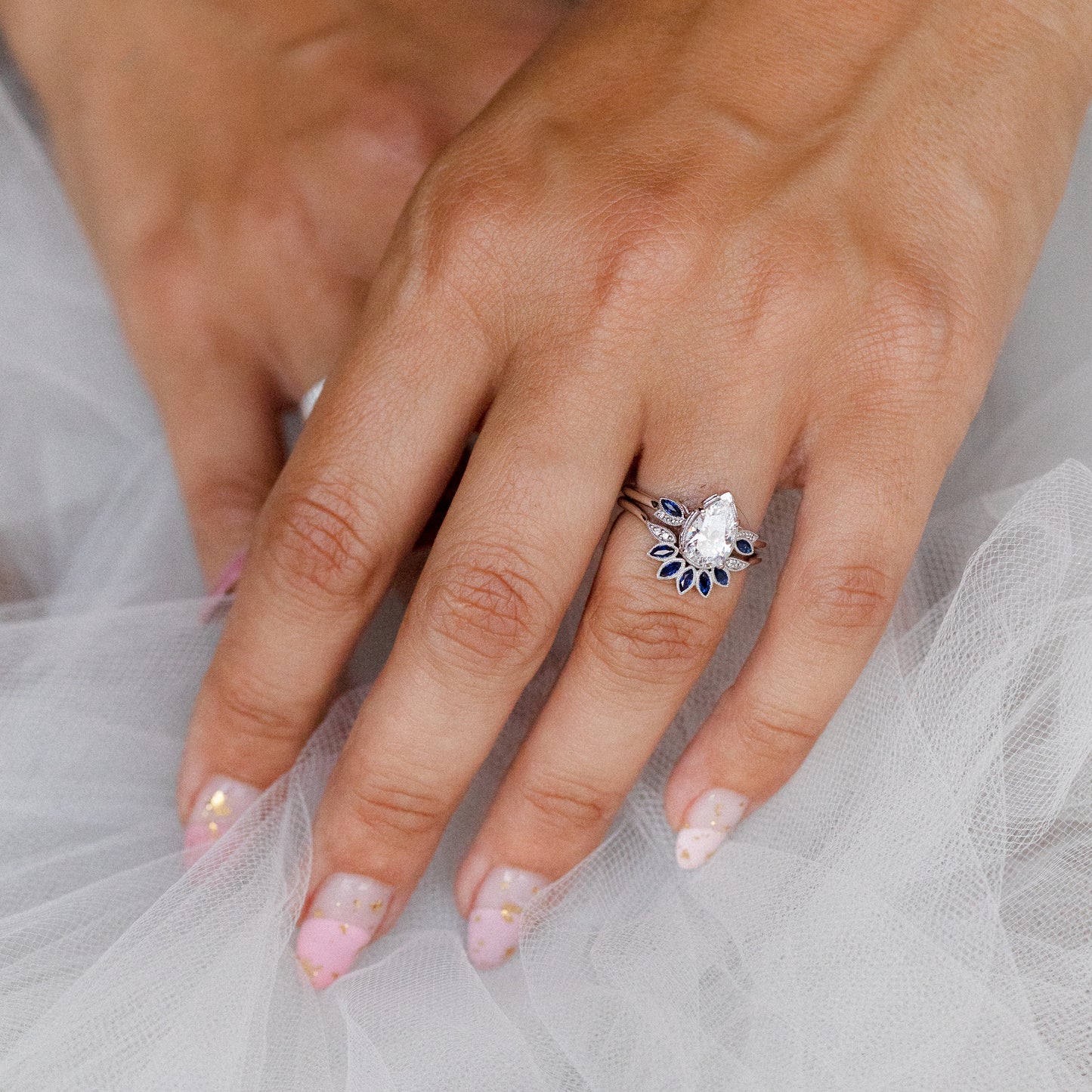 Floral Blue Sapphire Boho Contoured Diamond Wedding Band