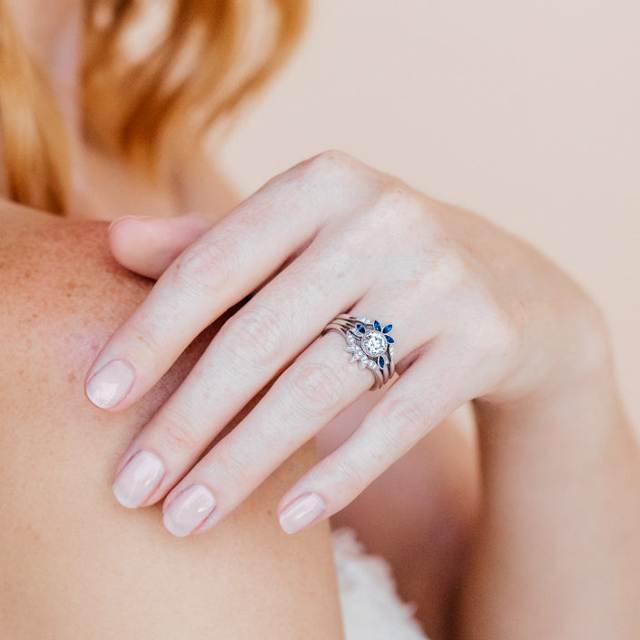 Floral Leaf Blue Sapphire Diamond Engagement Ring