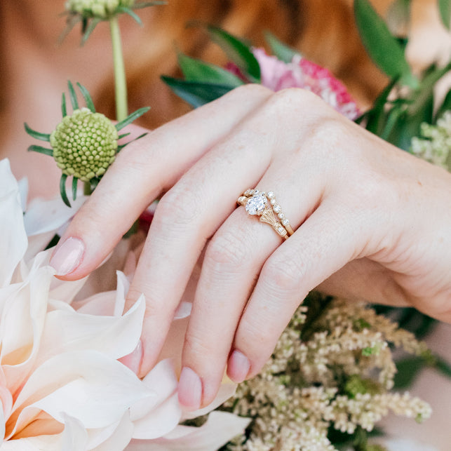 Three Leaf Diamond Accent Cathedral Engagement Ring