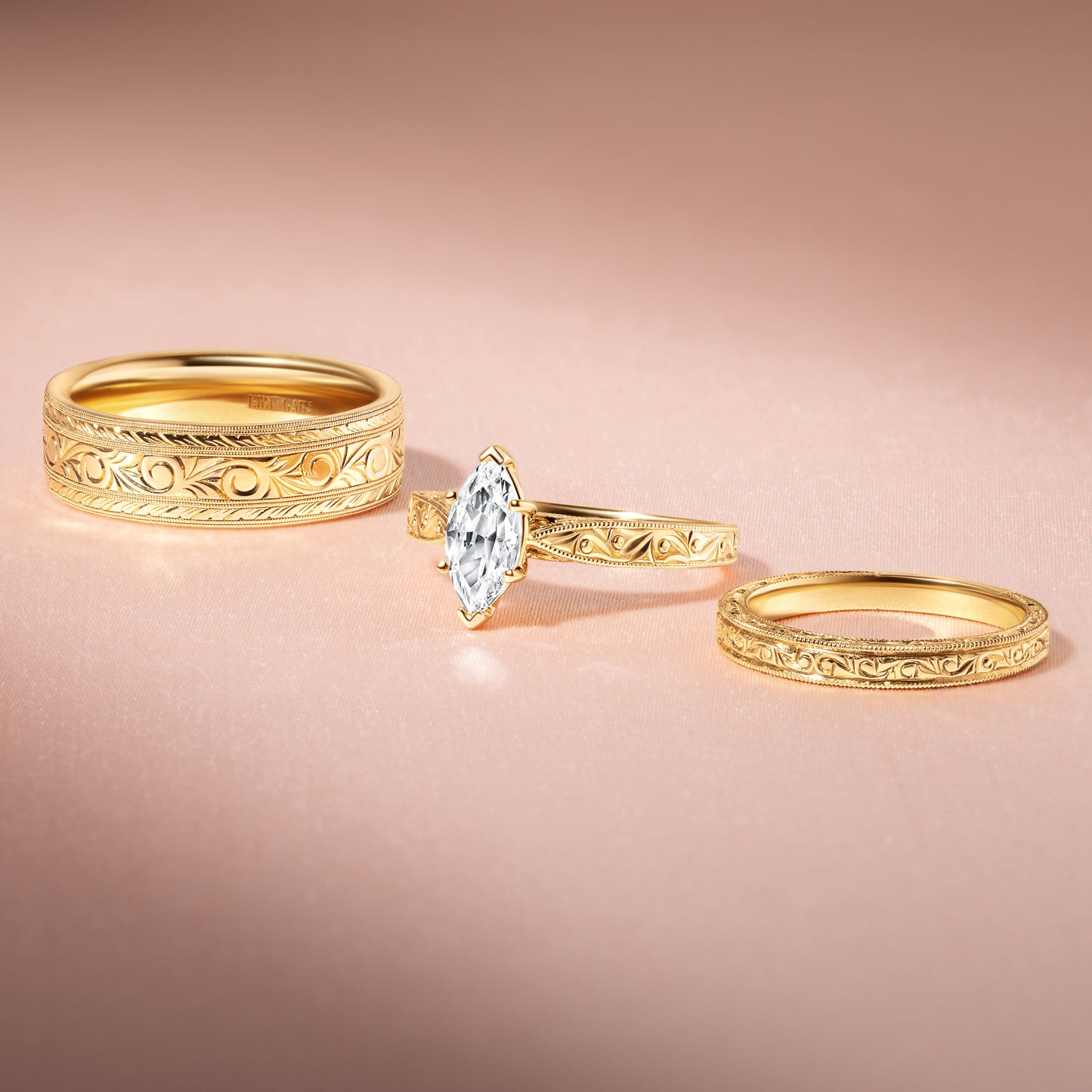 Scroll Wheat Engraved Milgrain Wedding Band, 7mm