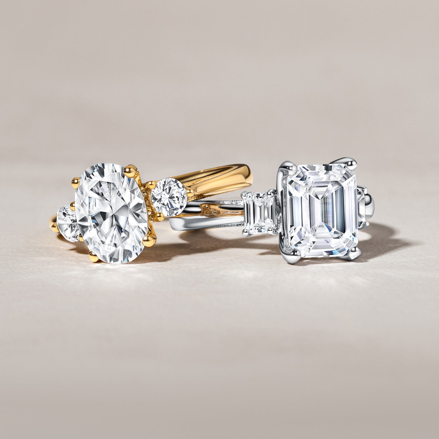 White Wide Three Stone Round Side Stone Ring with 2ct Oval Certified Lab Diamond Center