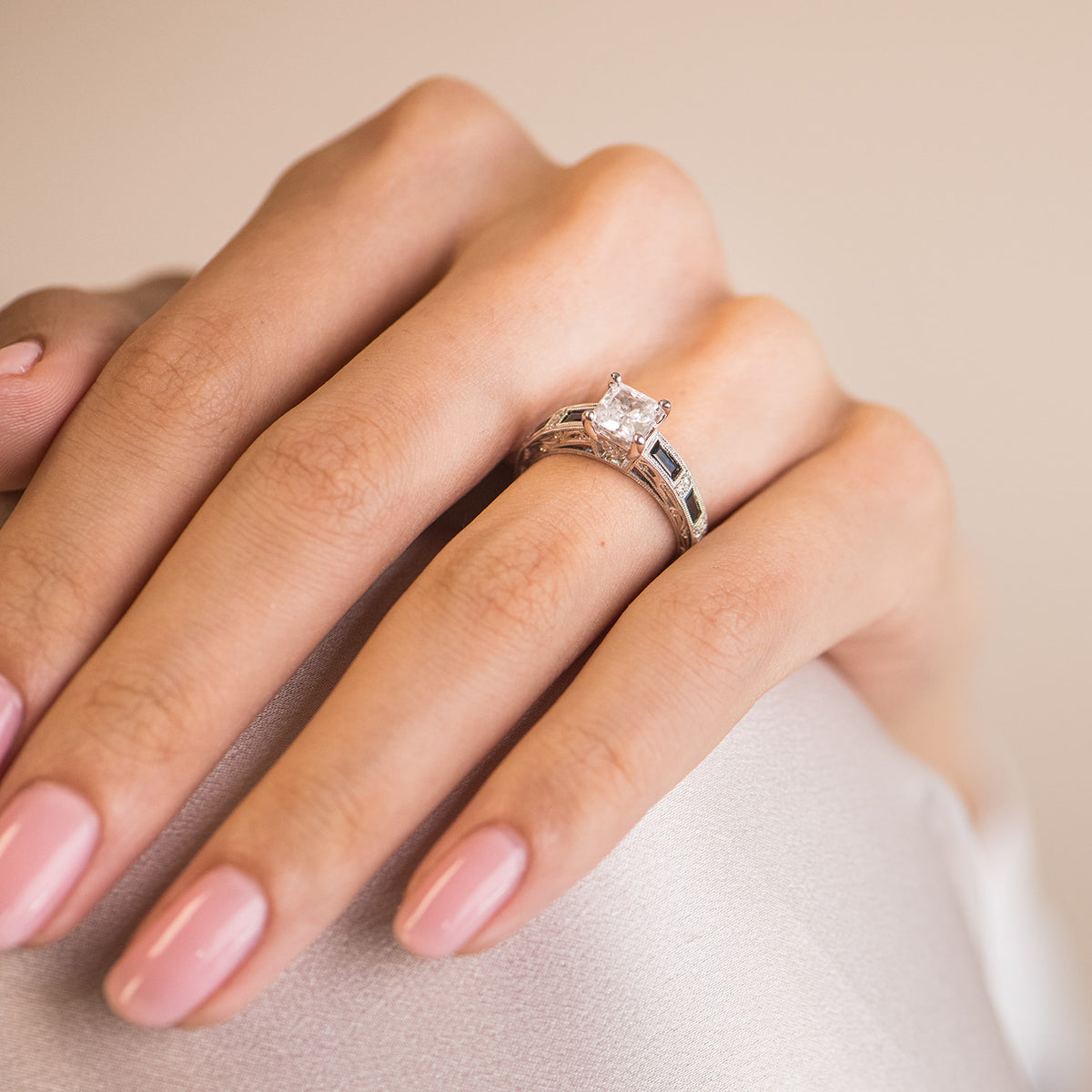 Pink Sapphire Baguette Engraved Cathedral Diamond Engagement Ring