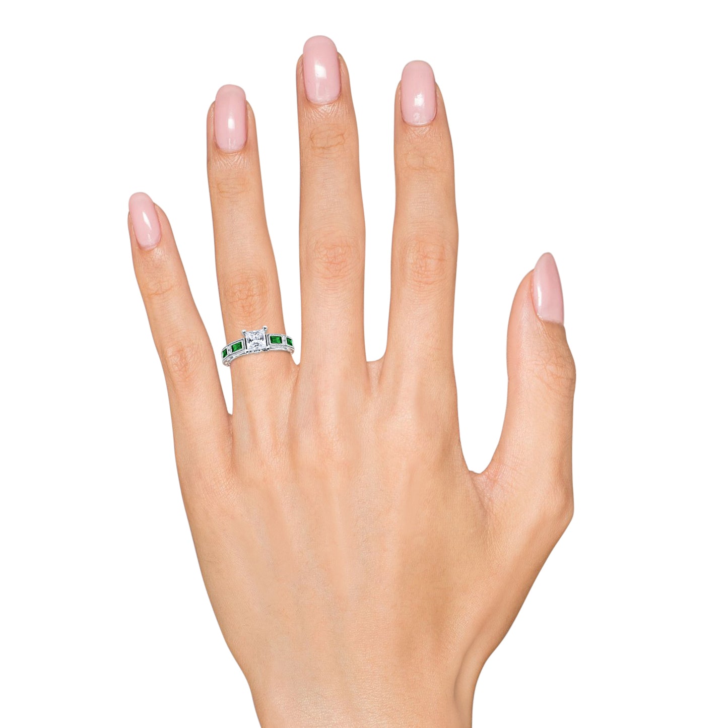 Tsavorite Baguette Engraved Cathedral Diamond Engagement Ring