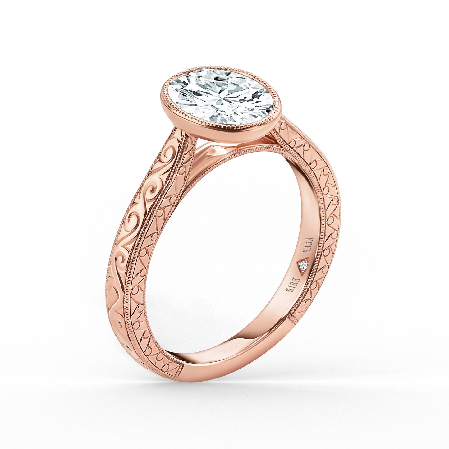 Preset Bezel Oval Engraved Solitaire Engagement Ring - Center Diamond Included