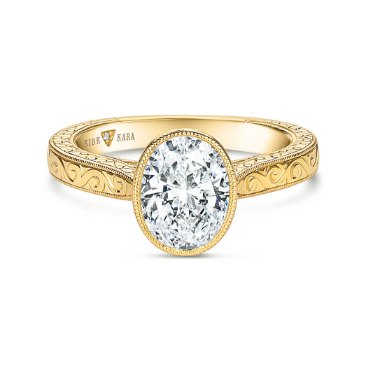 Preset Bezel Oval Engraved Solitaire Engagement Ring - Center Diamond Included