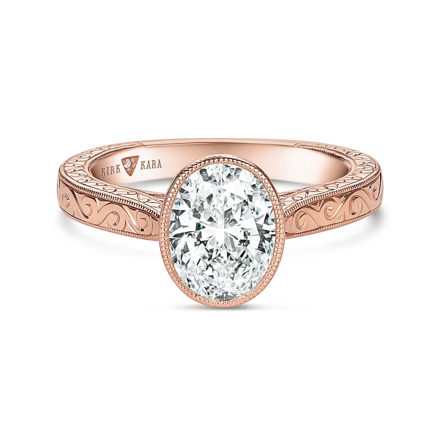 Preset Bezel Oval Engraved Solitaire Engagement Ring - Center Diamond Included