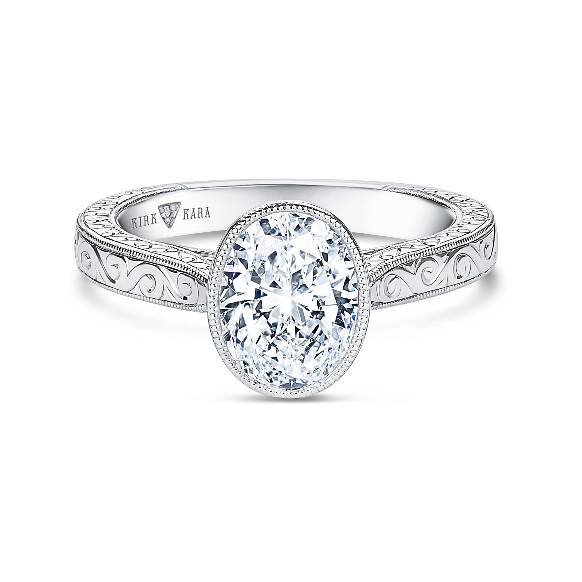 Preset Bezel Oval Engraved Solitaire Engagement Ring - Center Diamond