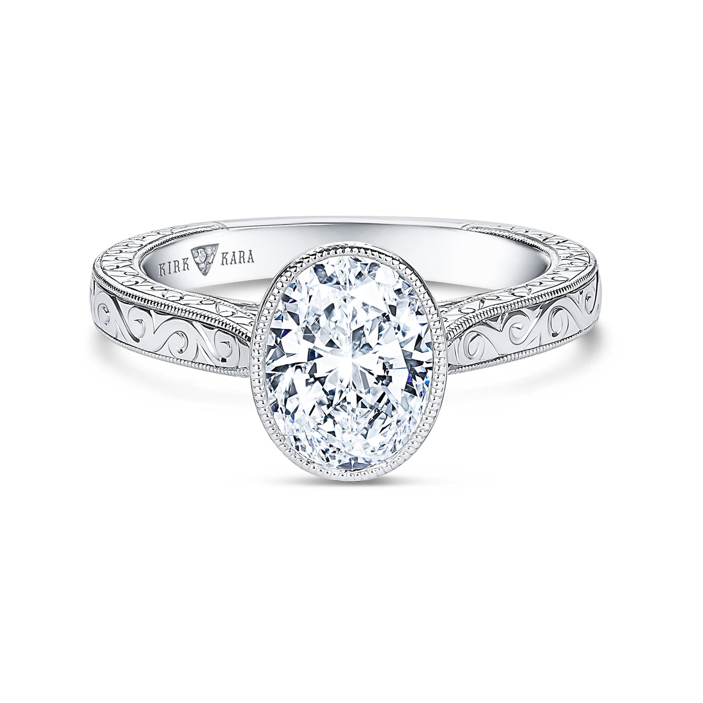 Preset Bezel Oval Engraved Solitaire Engagement Ring - Center Diamond Included