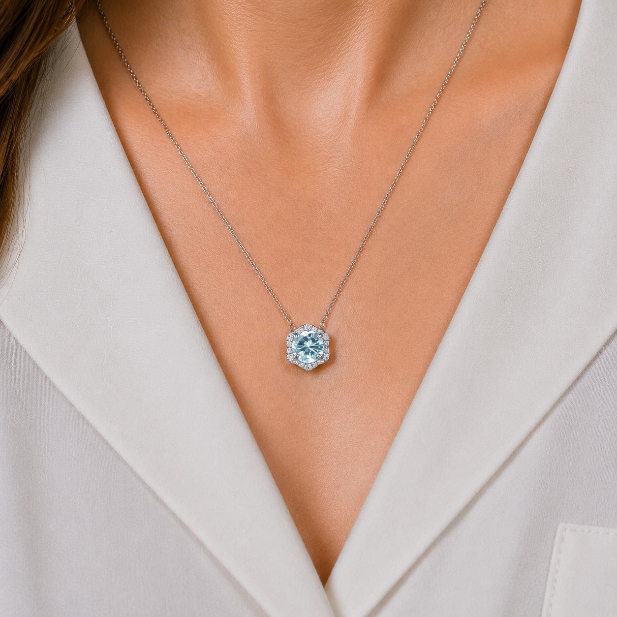 Floral Milgrain Aquamarine Lab Grown Diamond Necklace