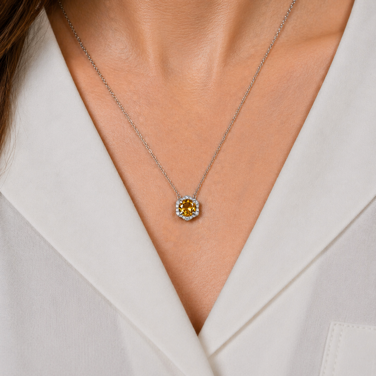 Floral Milgrain Citrine Lab Grown Diamond Necklace