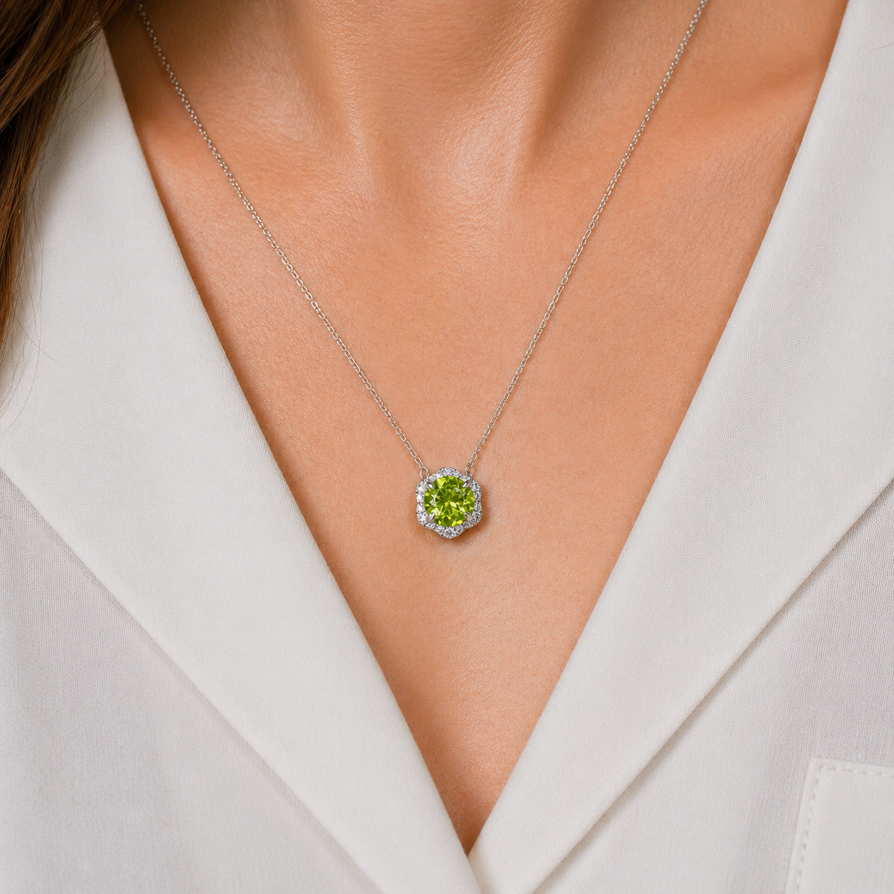 Floral Milgrain Peridot Lab Grown Diamond Necklace