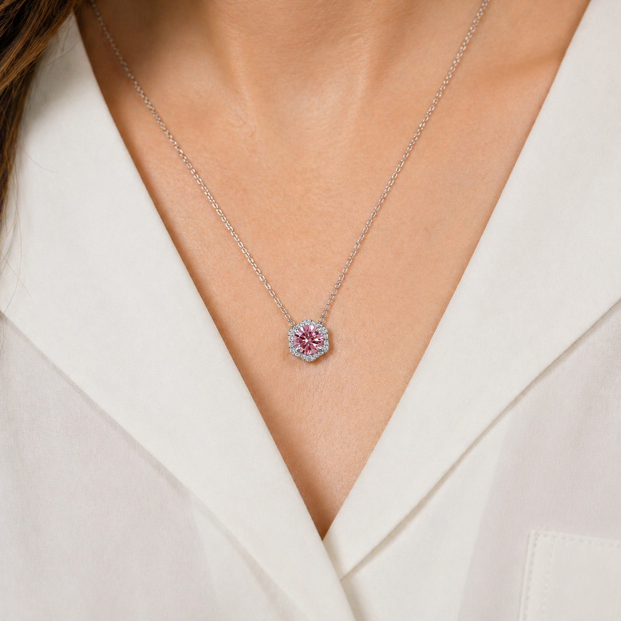 Floral Milgrain Pink Moissanite Lab Grown Diamond Necklace