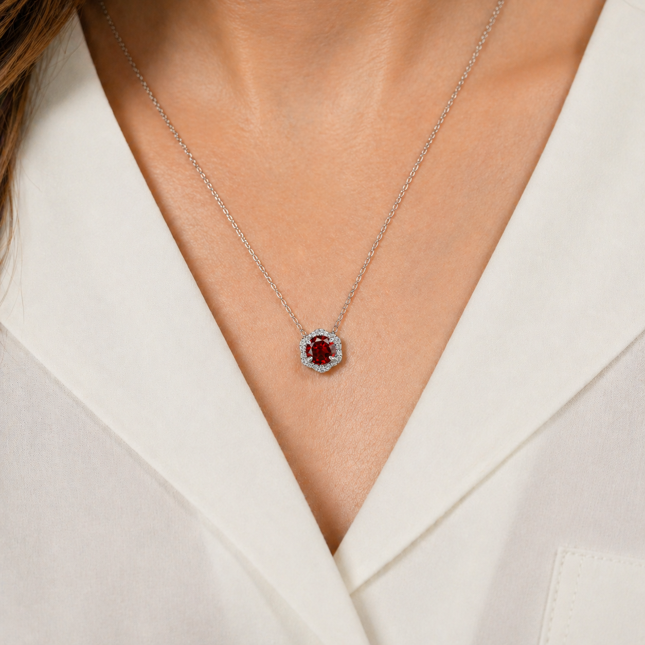 Floral Milgrain Red Garnet Lab Grown Diamond Necklace