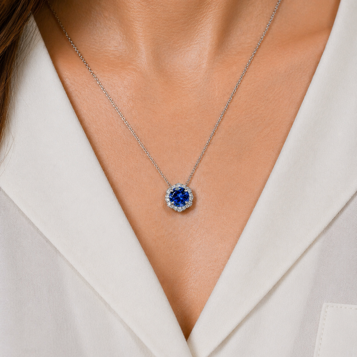 Floral Milgrain Blue Sapphire Lab Grown Diamond Necklace
