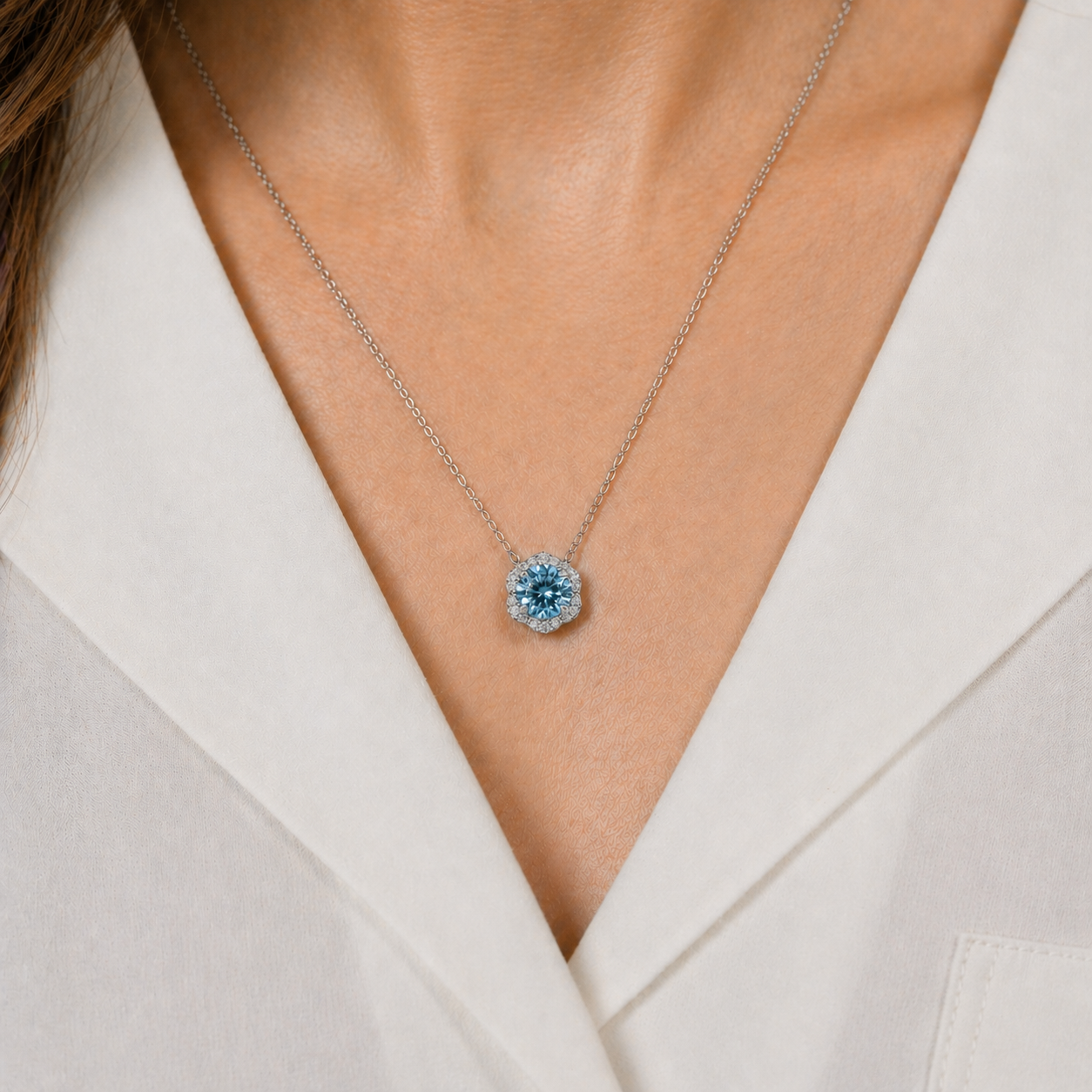 Floral Milgrain Swiss Blue Topaz Lab Grown Diamond Necklace