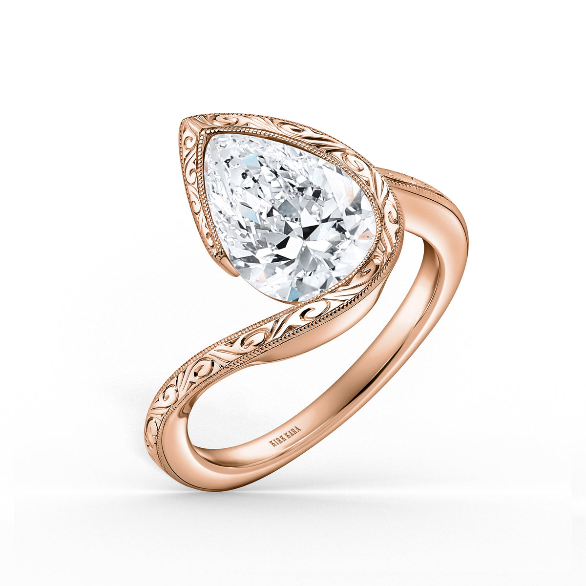 Hand-Engraved Sculpted Bypass Partial Bezel Engagement Ring