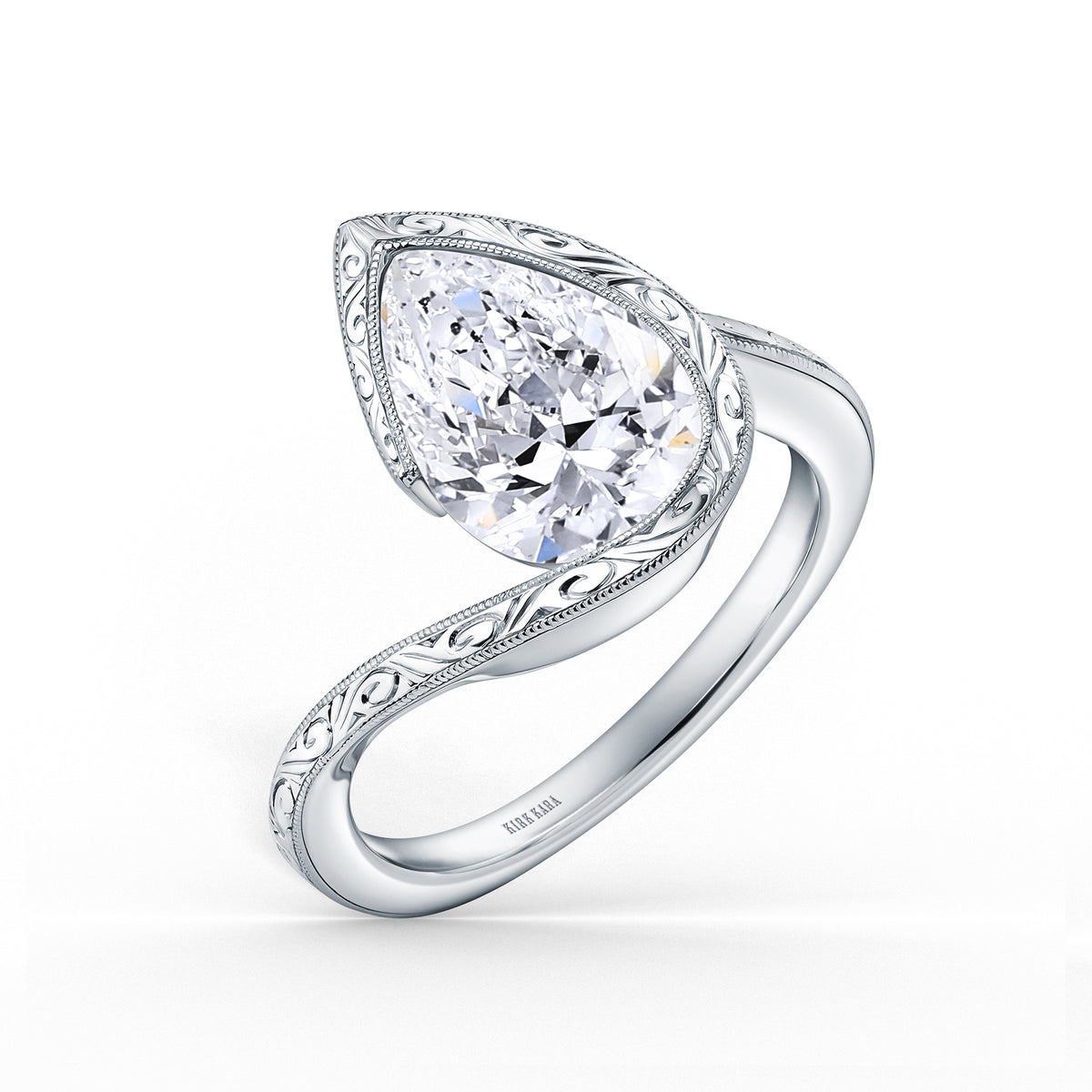 Hand-Engraved Sculpted Bypass Partial Bezel Engagement Ring