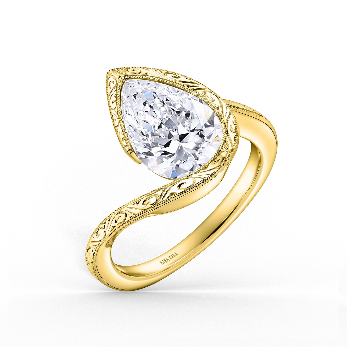 Hand-Engraved Sculpted Bypass Partial Bezel Engagement Ring