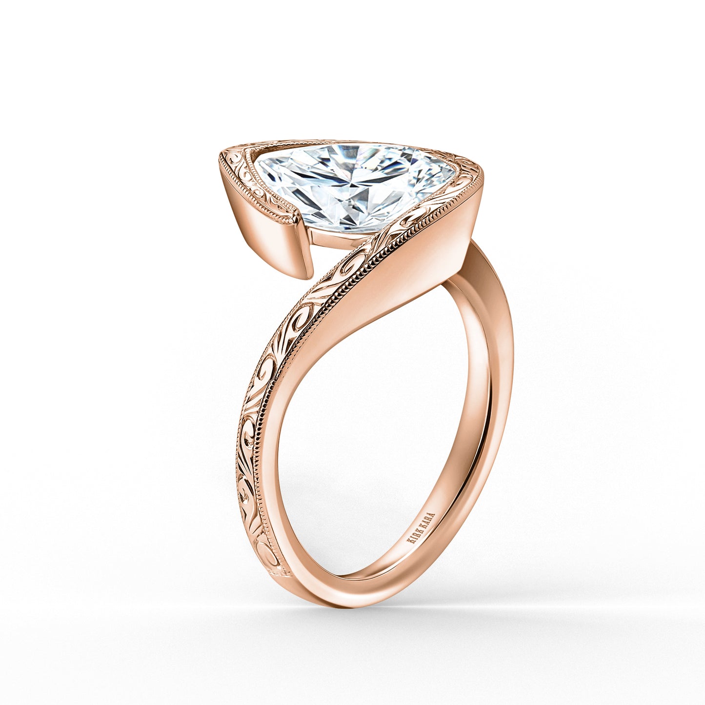 Hand-Engraved Sculpted Bypass Partial Bezel Engagement Ring