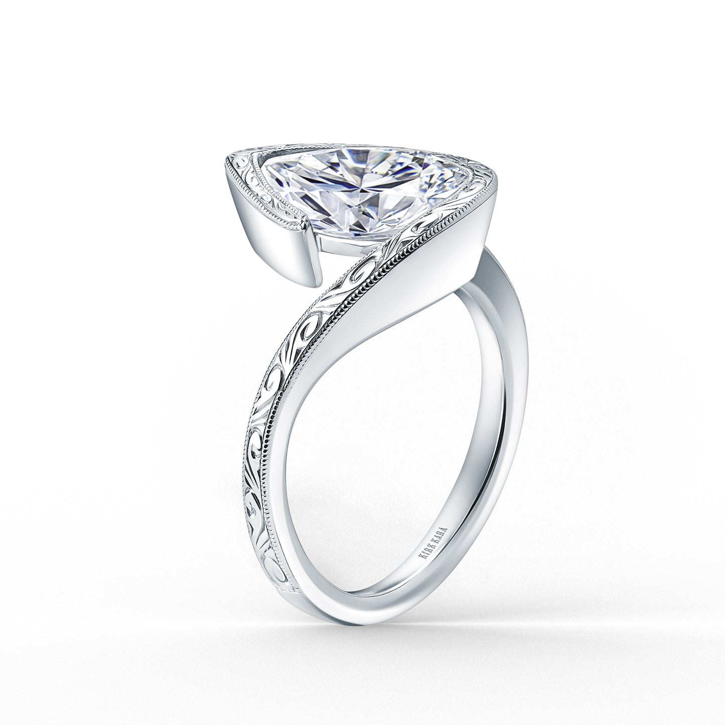 Hand-Engraved Sculpted Bypass Partial Bezel Engagement Ring