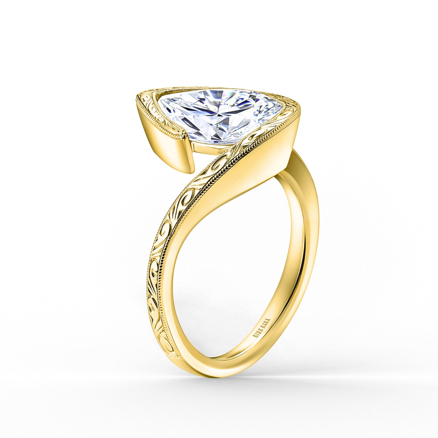 Hand-Engraved Sculpted Bypass Partial Bezel Engagement Ring